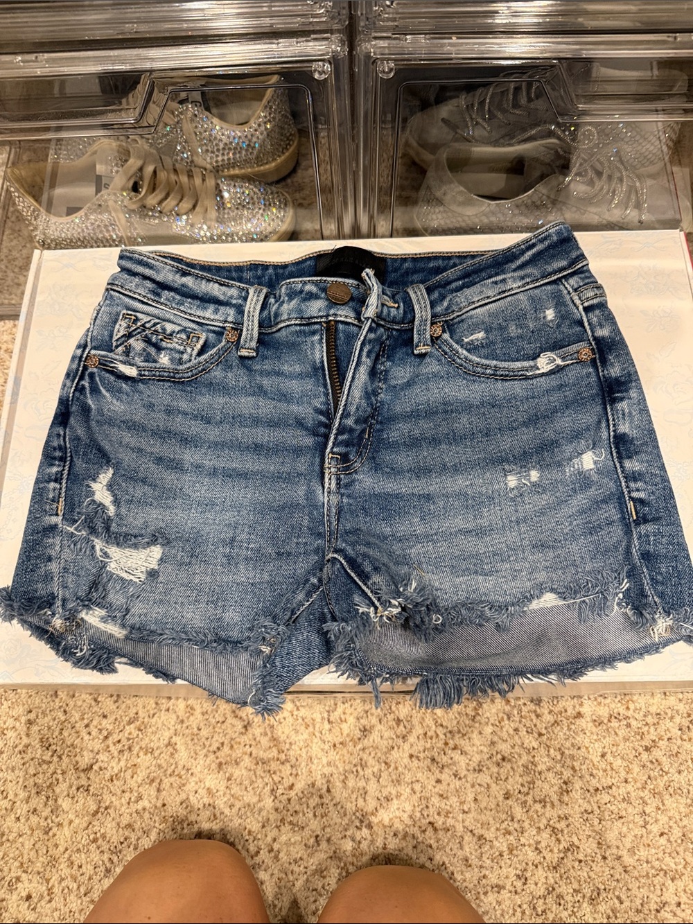 Buckle Distressed Blue Denim Shorts